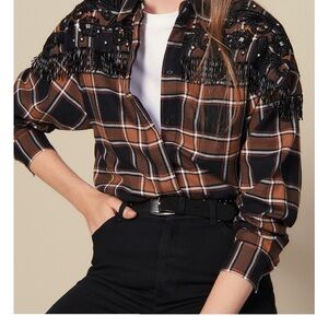 Plaid Brown Shirt with Black Fringe and Bead Details